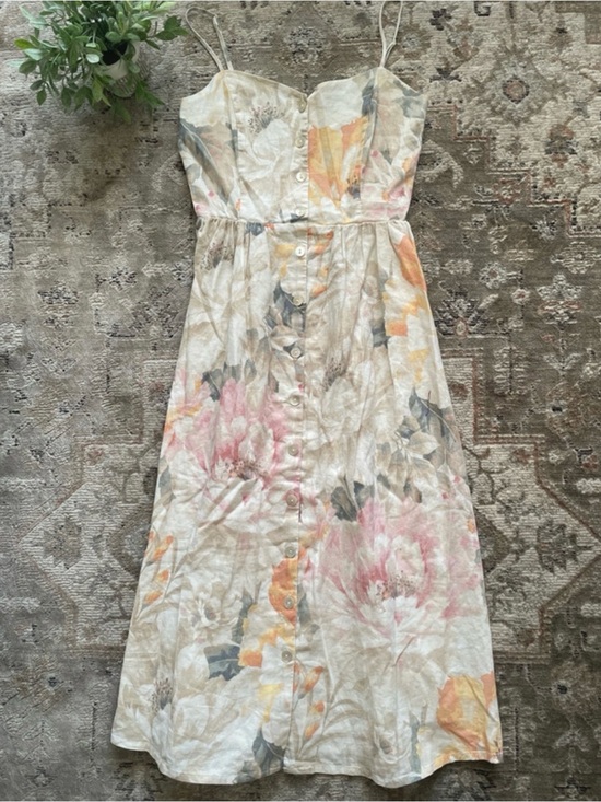 H&M Dresses & Skirts - H&M Cream Floral Smocked Bust Midi Dress with Pink and Orange Accents